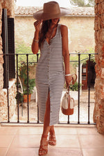 Gestreepte Mouwloze Maxi Jurk met Knopen - Maxi Dresses - Jurkjes.co