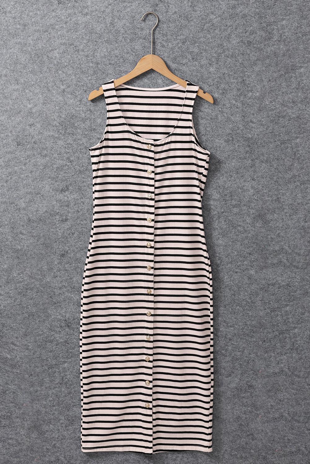 Gestreepte Mouwloze Maxi Jurk met Knopen - Maxi Dresses - Jurkjes.co