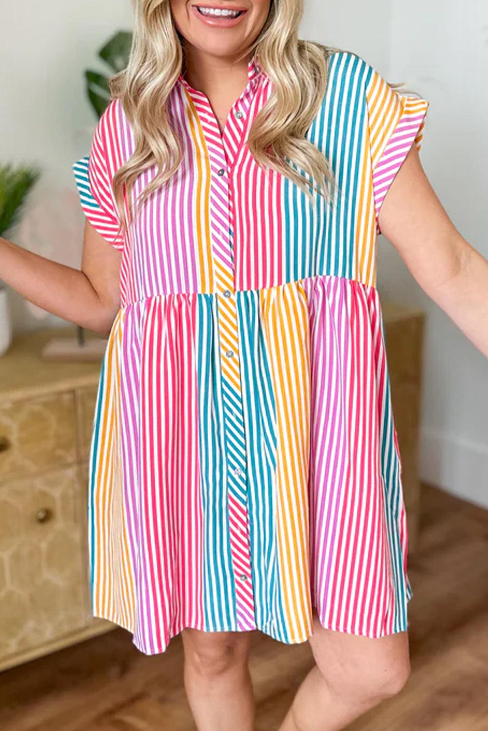 Gestreepte Overhemdjurk met Korte Mouw - Mini Dresses - Jurkjes.co