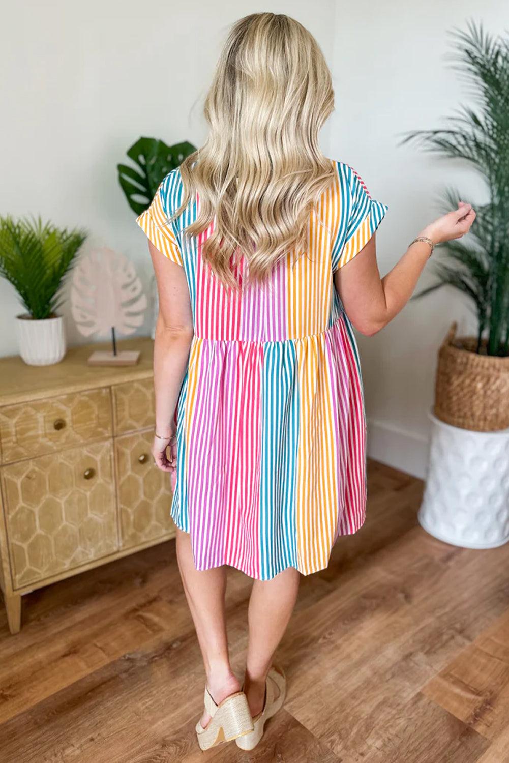 Gestreepte Overhemdjurk met Korte Mouw - Mini Dresses - Jurkjes.co