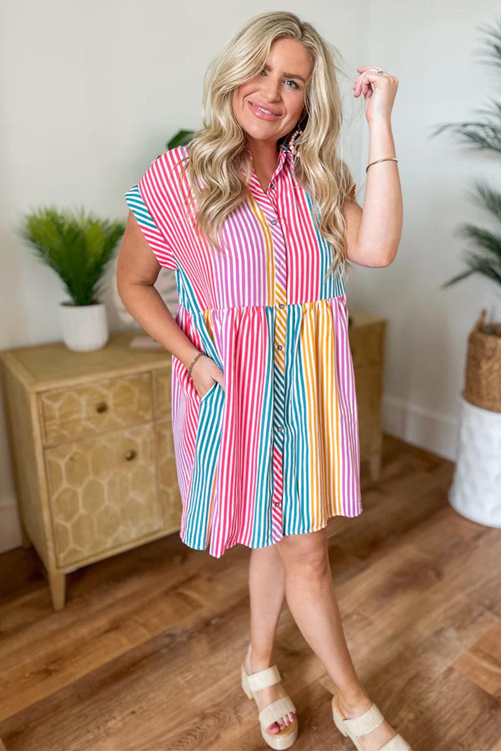 Gestreepte Overhemdjurk met Korte Mouw - Mini Dresses - Jurkjes.co