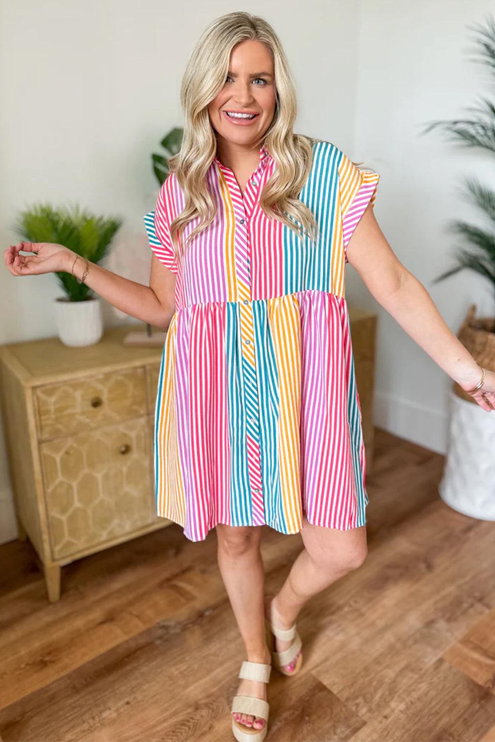 Gestreepte Overhemdjurk met Korte Mouw - Mini Dresses - Jurkjes.co
