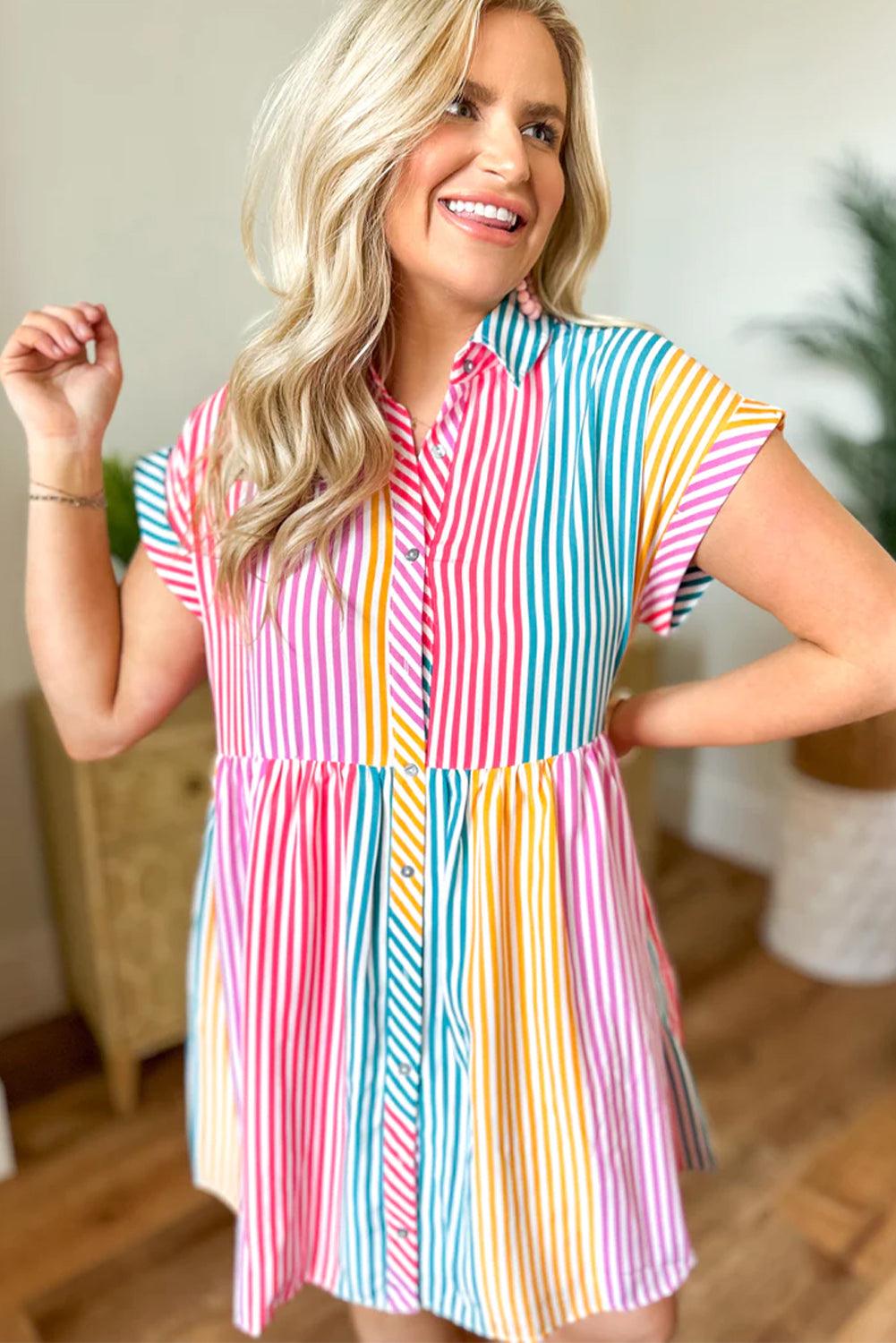 Gestreepte Overhemdjurk met Korte Mouw - Mini Dresses - Jurkjes.co