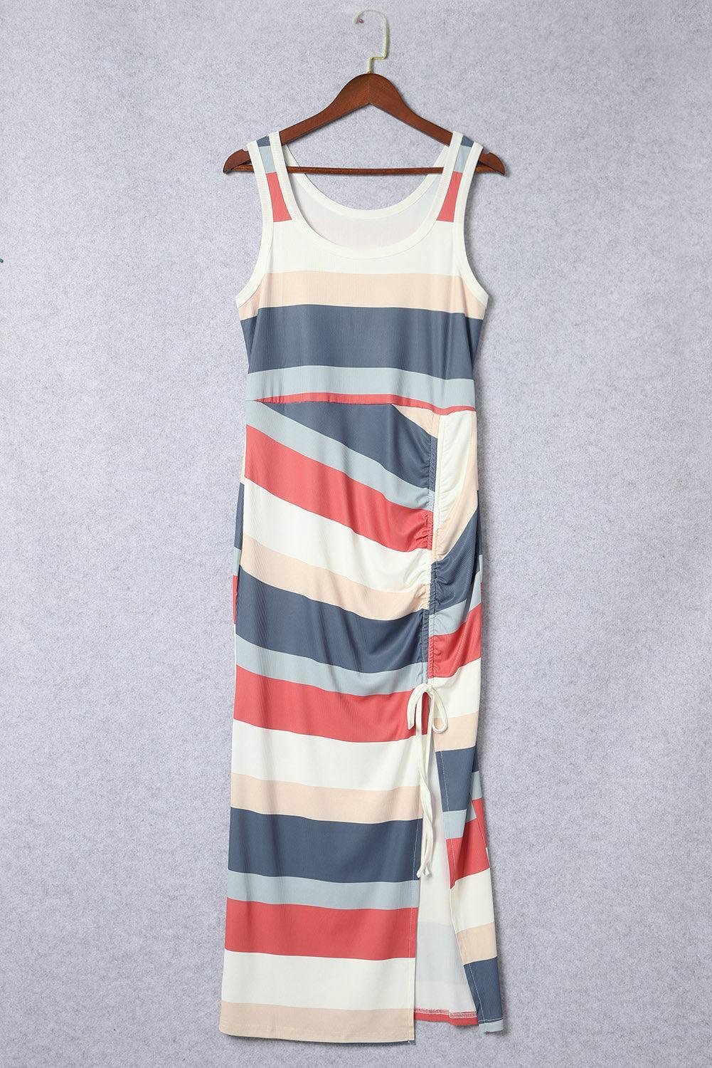 Gestreepte Ribgebreide Jurk met Veterdetail - Bodycon Dresses - Jurkjes.co