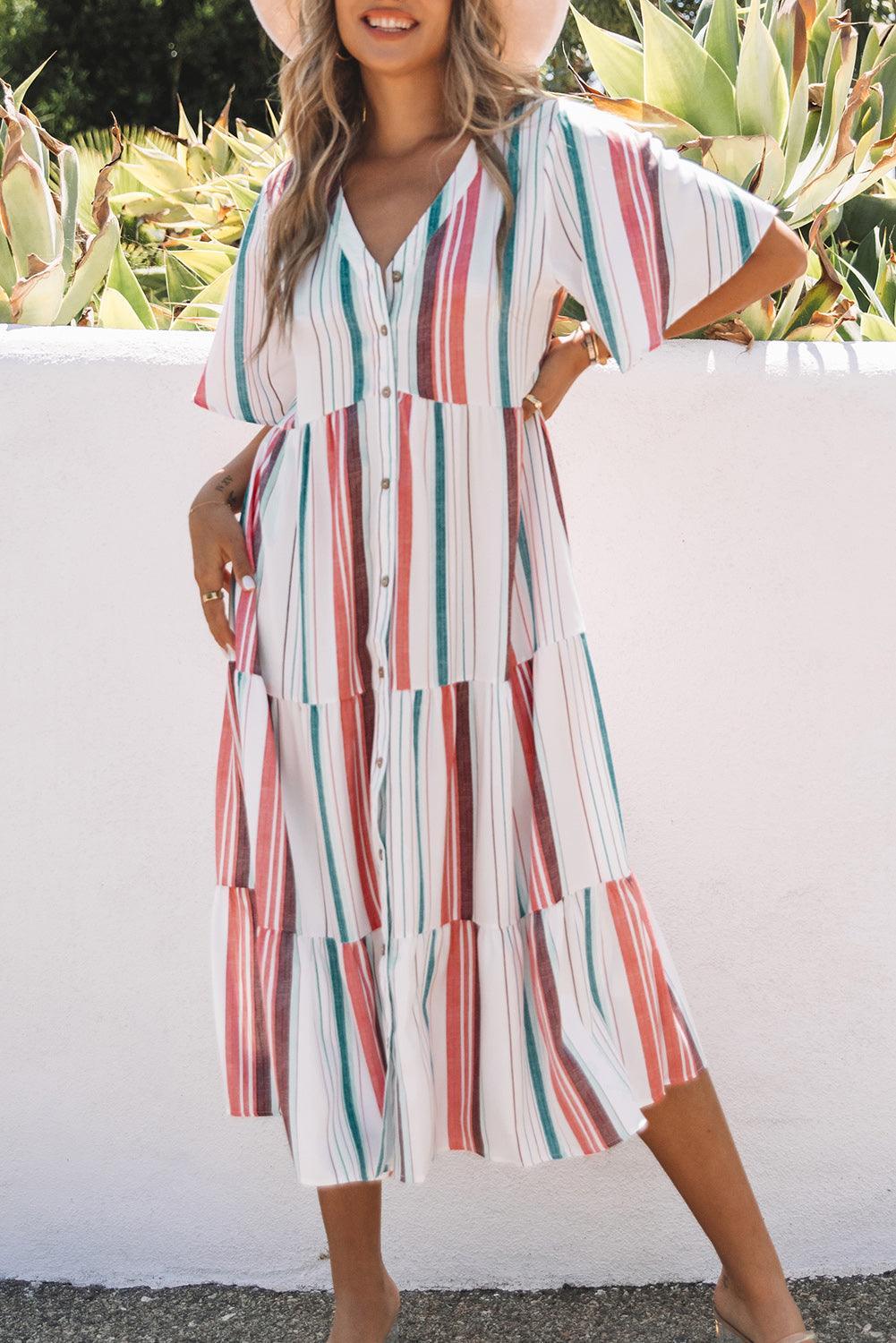 Gestreepte Serape Jurk met V-Hals en Knopen - Maxi Dresses - Jurkjes.co