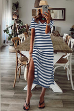 Gestreepte V-Hals Maxi Jurk met Zijsplitten - Maxi Dresses - Jurkjes.co