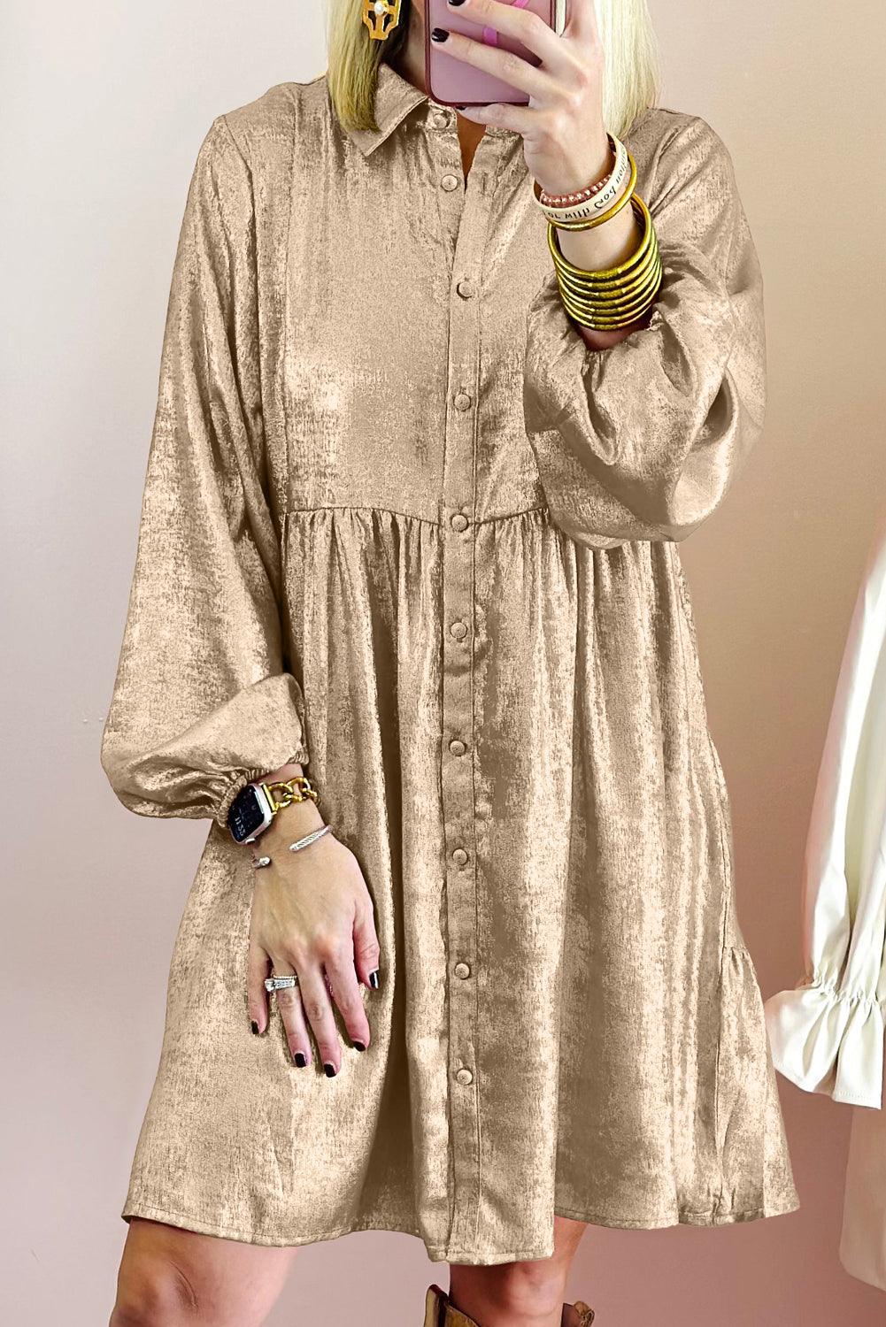 Glanzende Mini Overhemdjurk met Pofmouw - Mini Dresses - Jurkjes.co