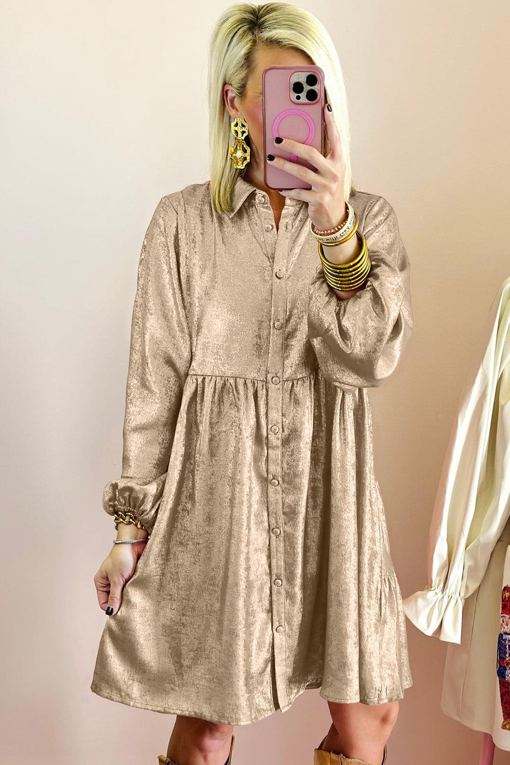 Glanzende Mini Overhemdjurk met Pofmouw - Mini Dresses - Jurkjes.co
