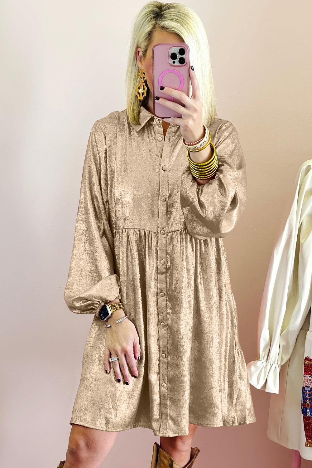 Glanzende Mini Overhemdjurk met Pofmouw - Mini Dresses - Jurkjes.co