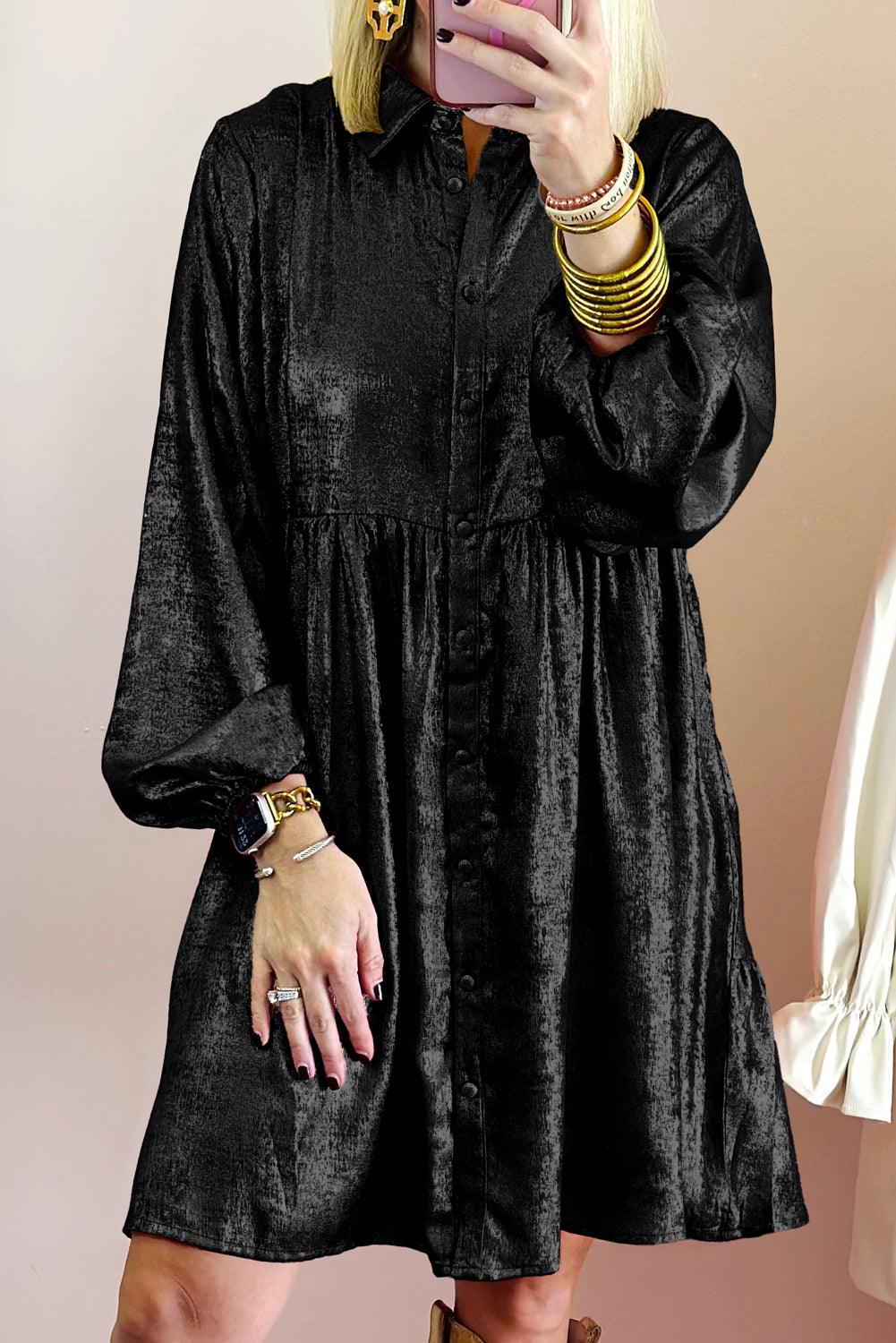Glanzende Mini Overhemdjurk met Pofmouw - Mini Dresses - Jurkjes.co