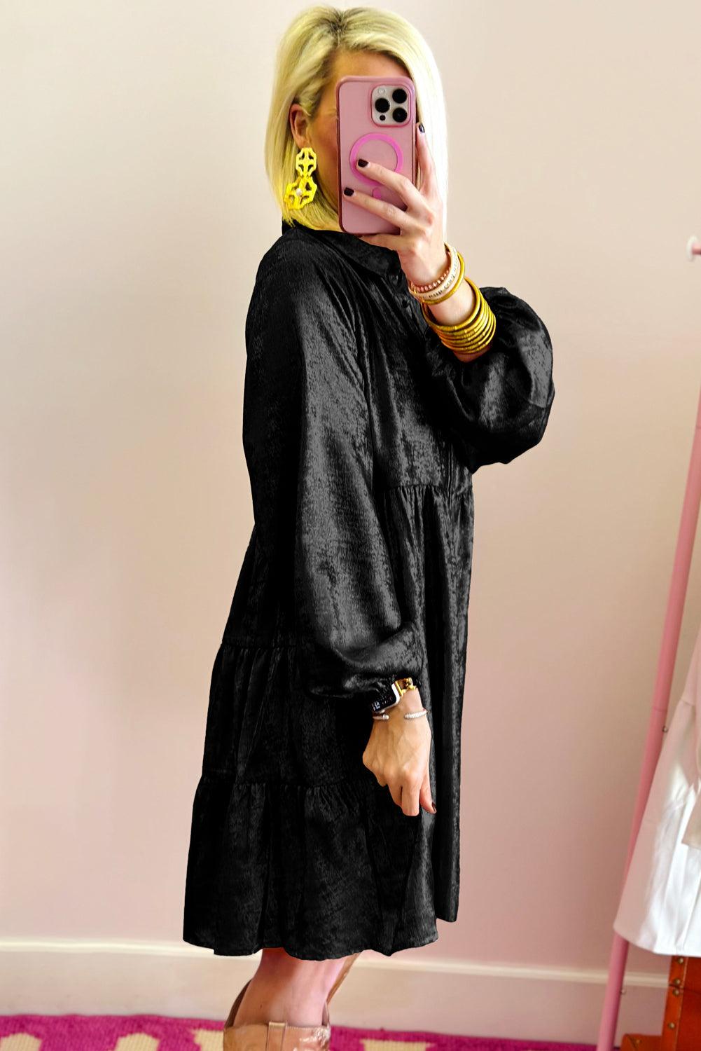 Glanzende Mini Overhemdjurk met Pofmouw - Mini Dresses - Jurkjes.co