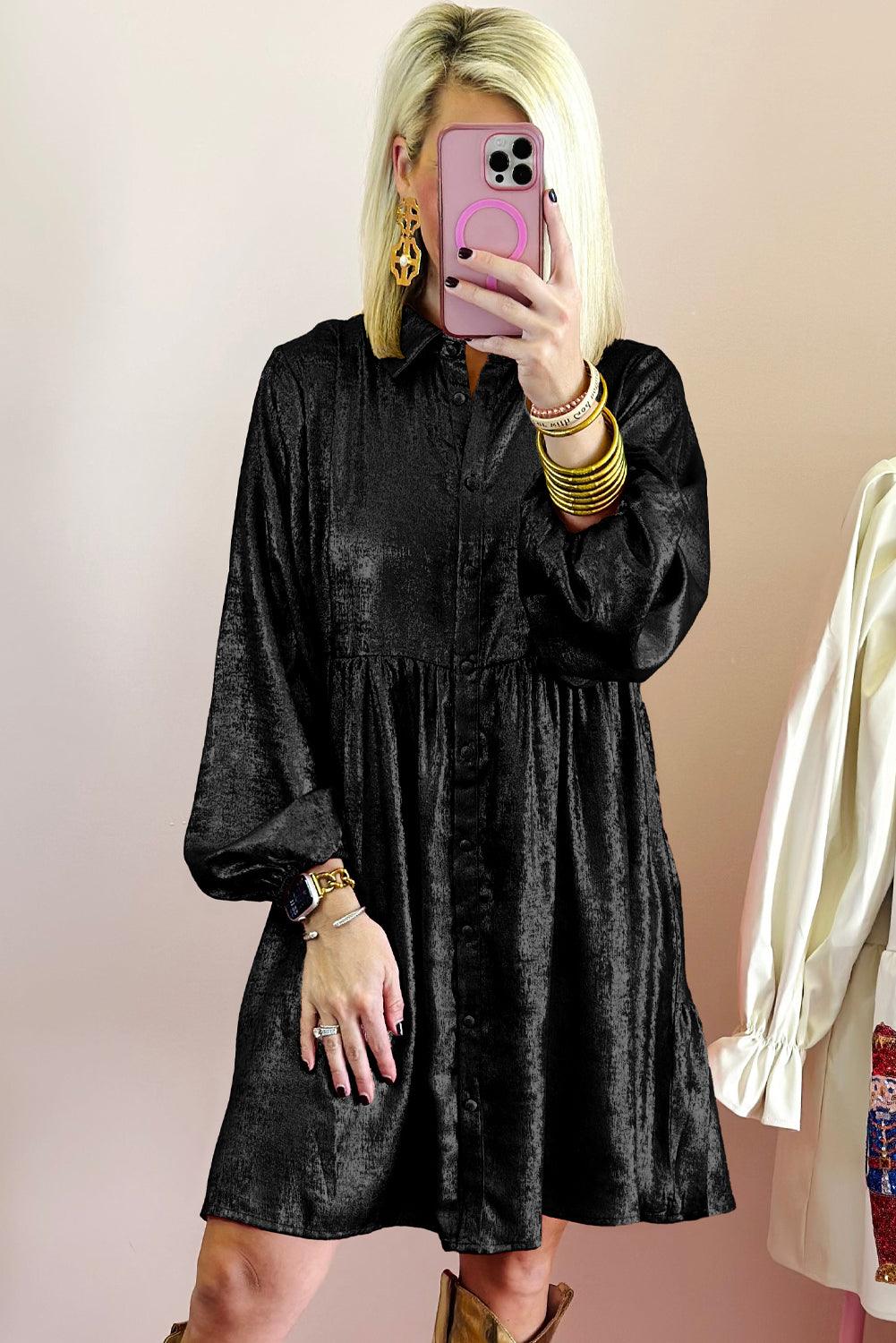 Glanzende Mini Overhemdjurk met Pofmouw - Mini Dresses - Jurkjes.co