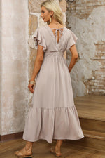 Havermout Kant V-hals Jurk met Ruches - Maxi Dresses - Jurkjes.co