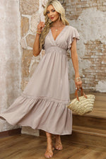 Havermout Kant V-hals Jurk met Ruches - Maxi Dresses - Jurkjes.co