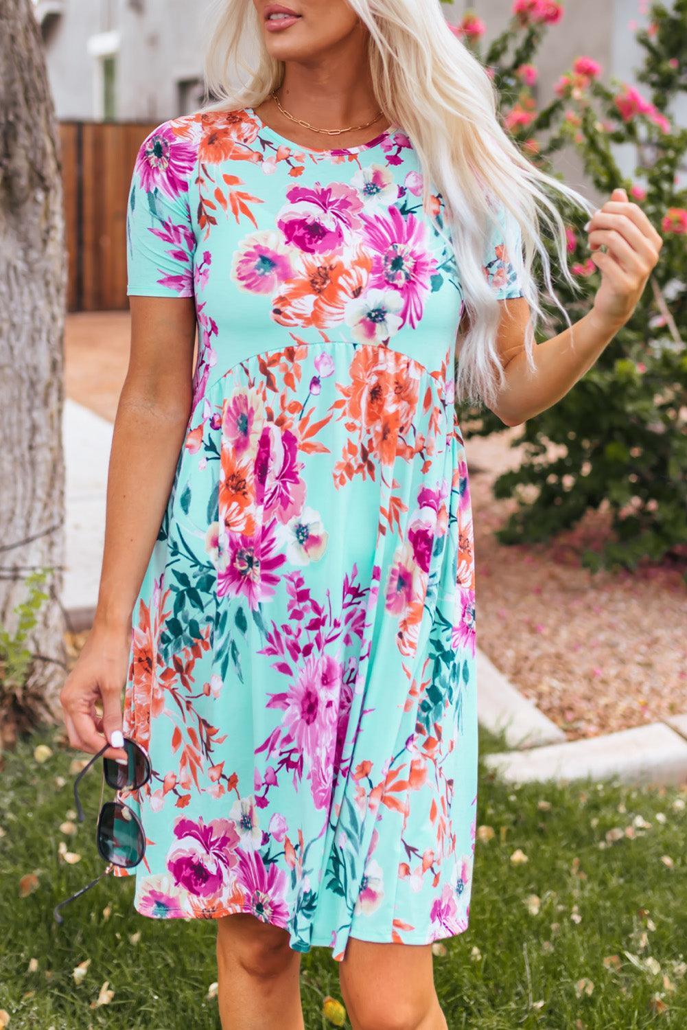 Hoge Taille Bloemenjurk met Korte Mouw - T Shirt Dresses - Jurkjes.co