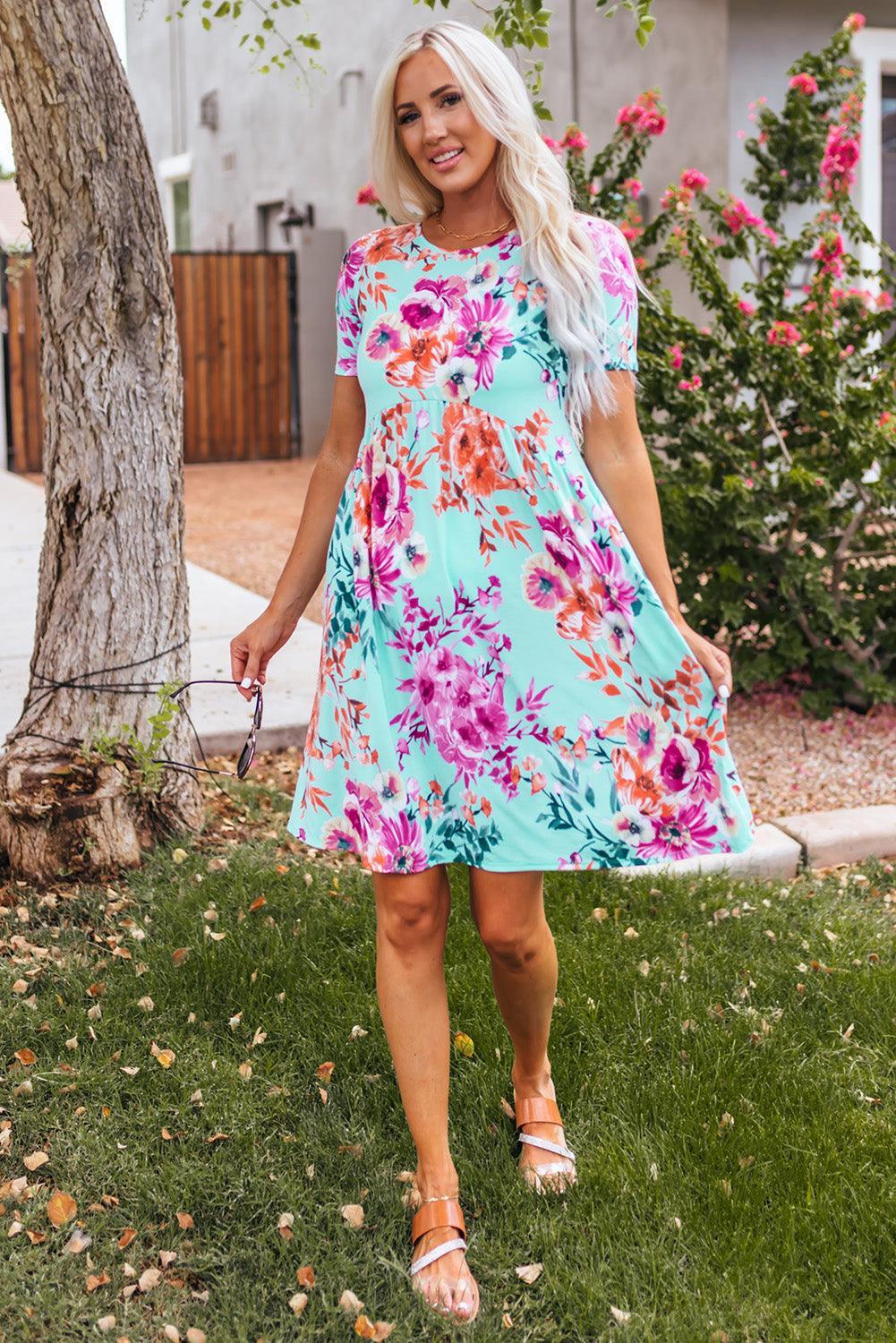 Hoge Taille Bloemenjurk met Korte Mouw - T Shirt Dresses - Jurkjes.co