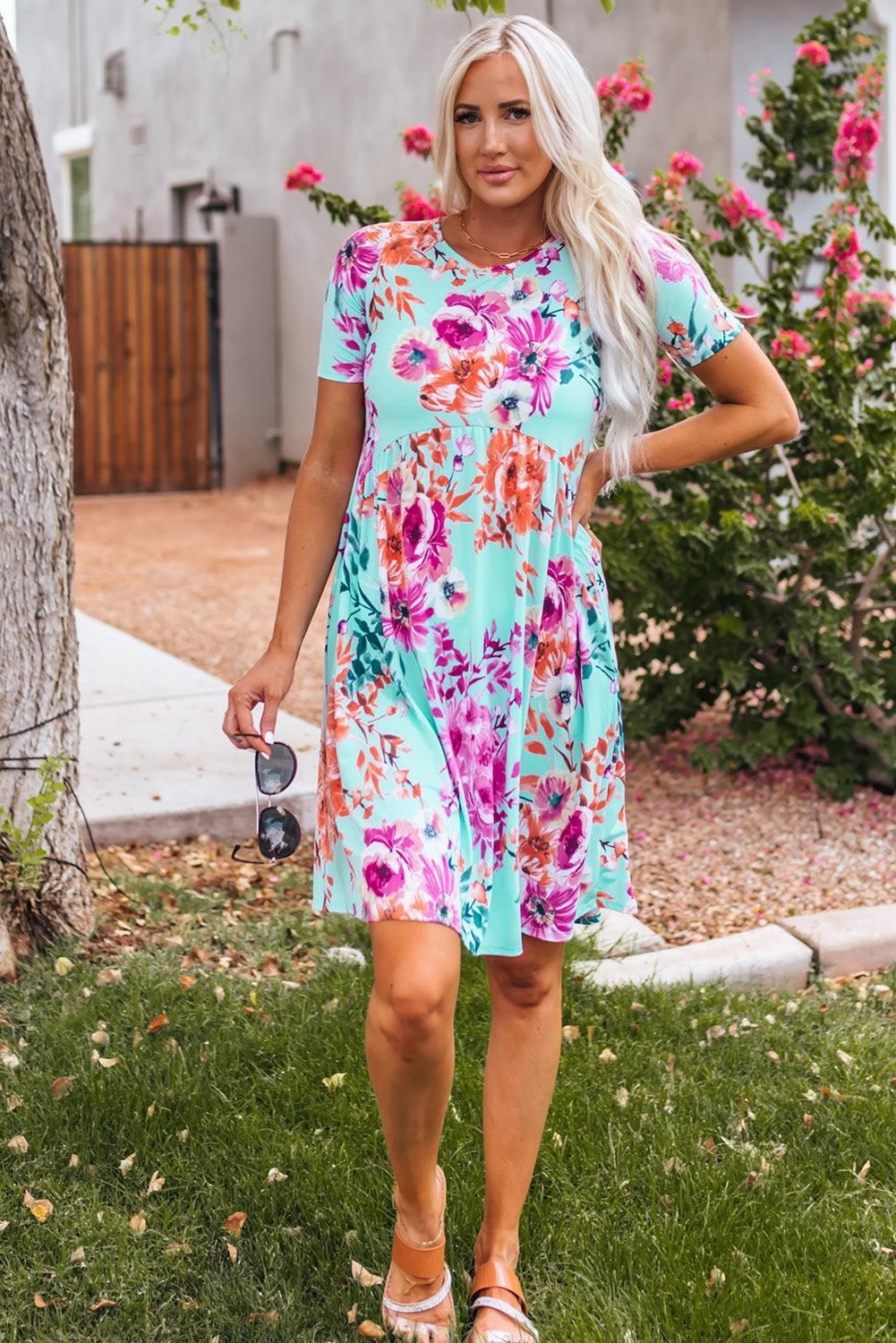 Hoge Taille Bloemenjurk met Korte Mouw - T Shirt Dresses - Jurkjes.co
