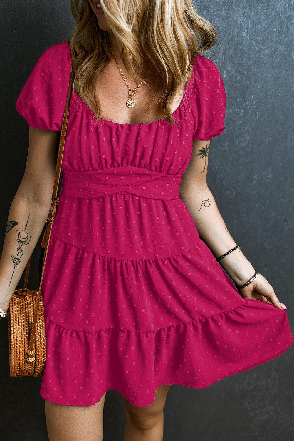 Jacquard Jurk met Pofmouwen en Stippen - Mini Dresses - Jurkjes.co