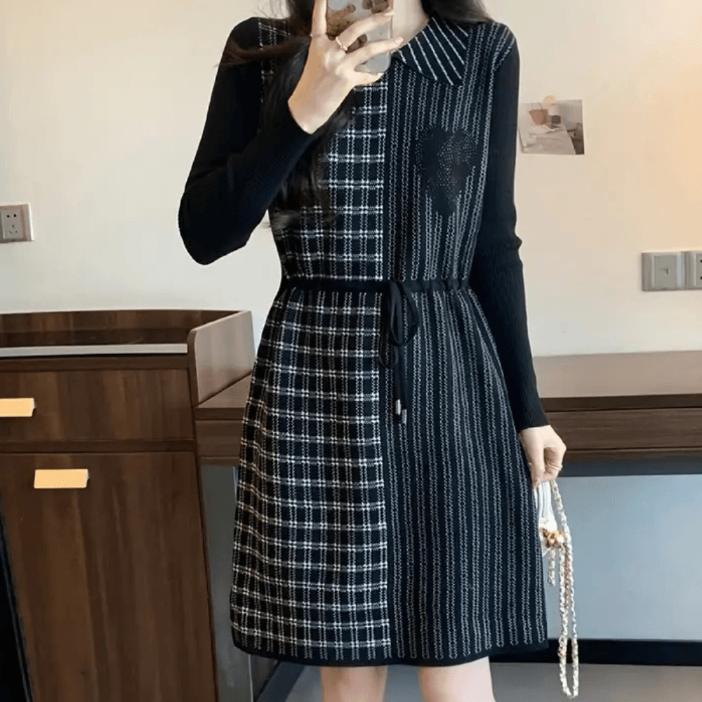 Jurk met Geruit Ontwerp en Kraag - Dresses - Jurkjes.co