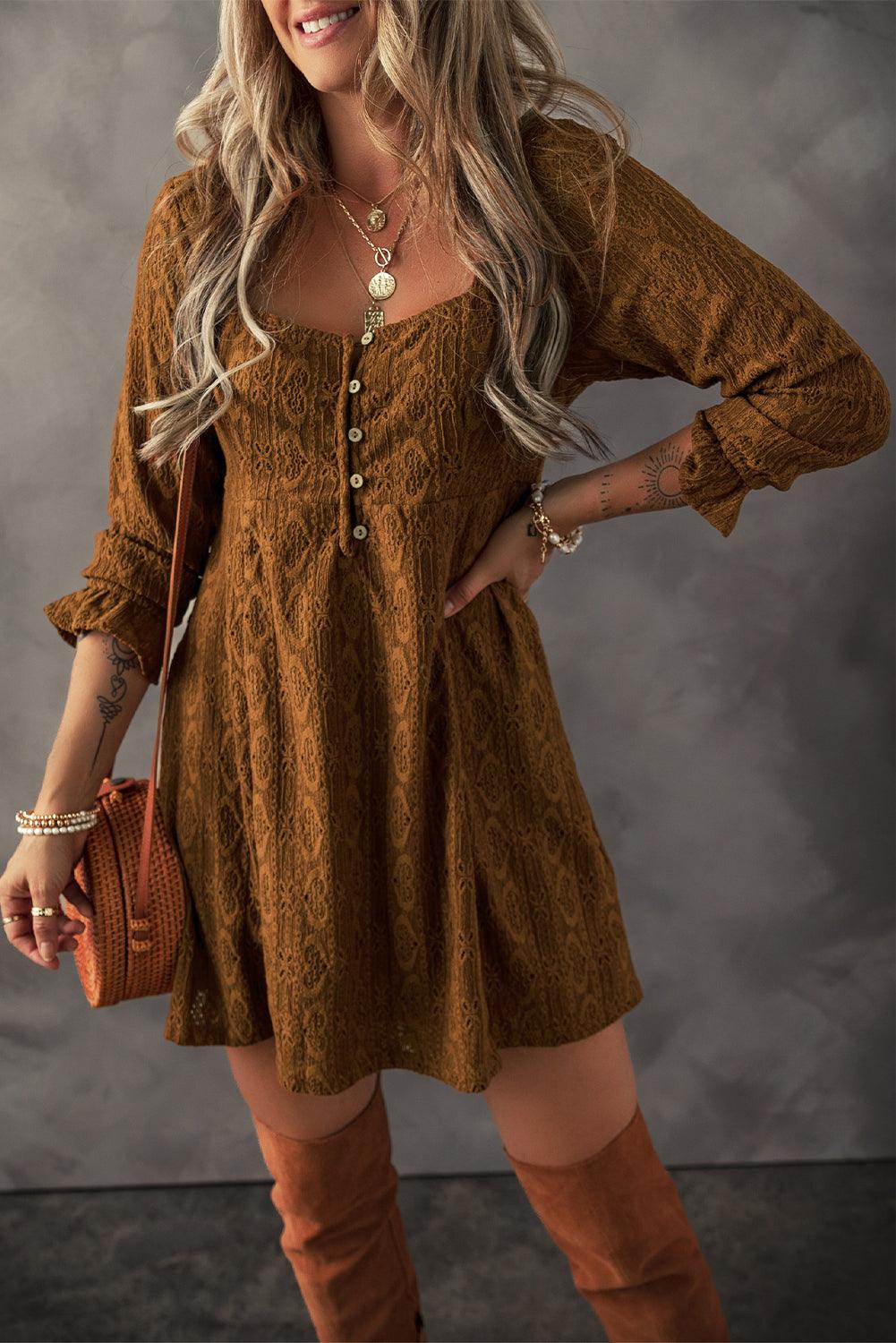 Kant Gehaakte Mini Jurk met Knoopjes en Vierkante Hals - Mini Dresses - Jurkjes.co