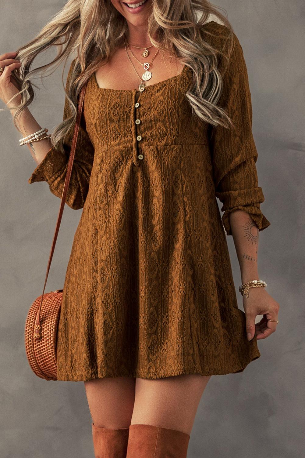 Kant Gehaakte Mini Jurk met Knoopjes en Vierkante Hals - Mini Dresses - Jurkjes.co