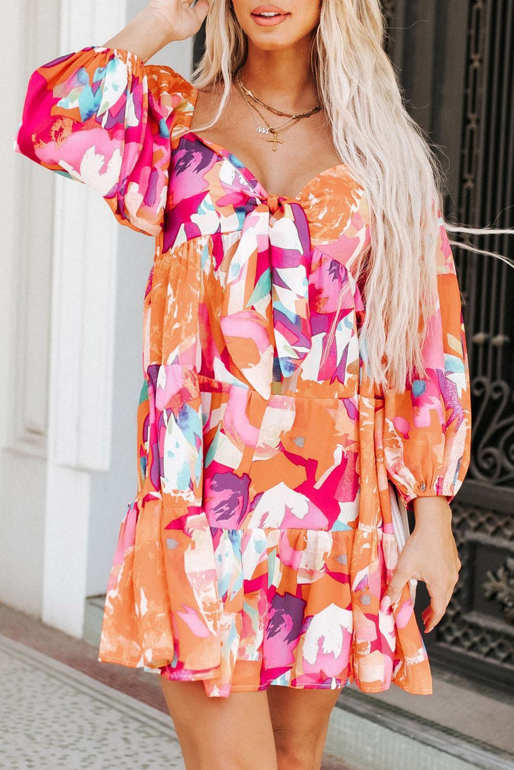 Kleurrijke Jurk met Hartvormige Hals - Mini Dresses - Jurkjes.co