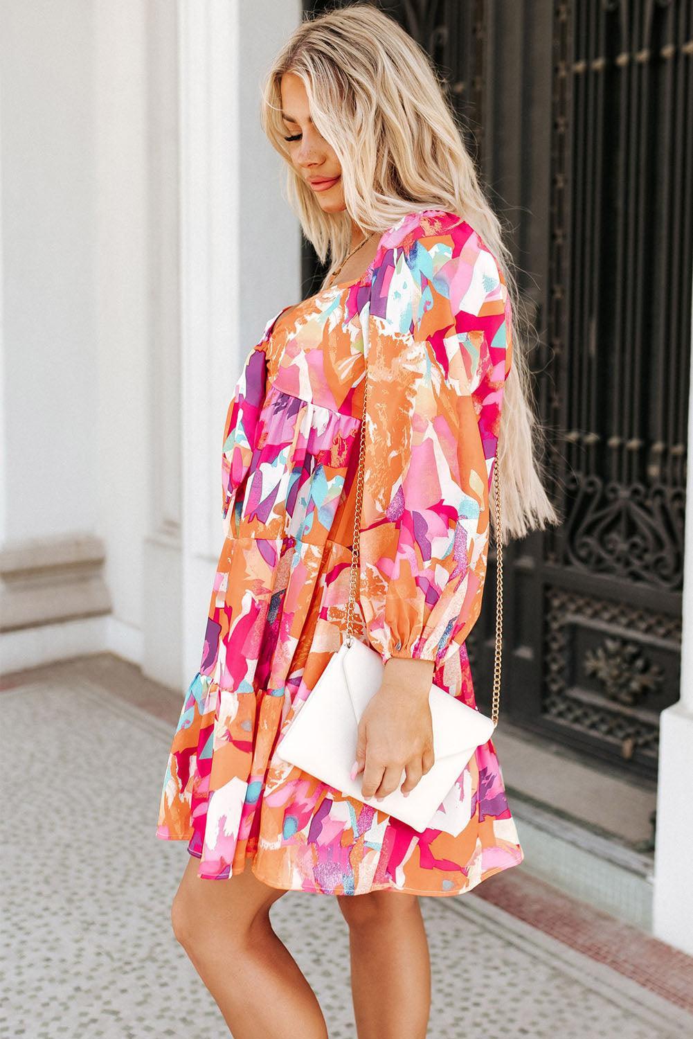 Kleurrijke Jurk met Hartvormige Hals - Mini Dresses - Jurkjes.co