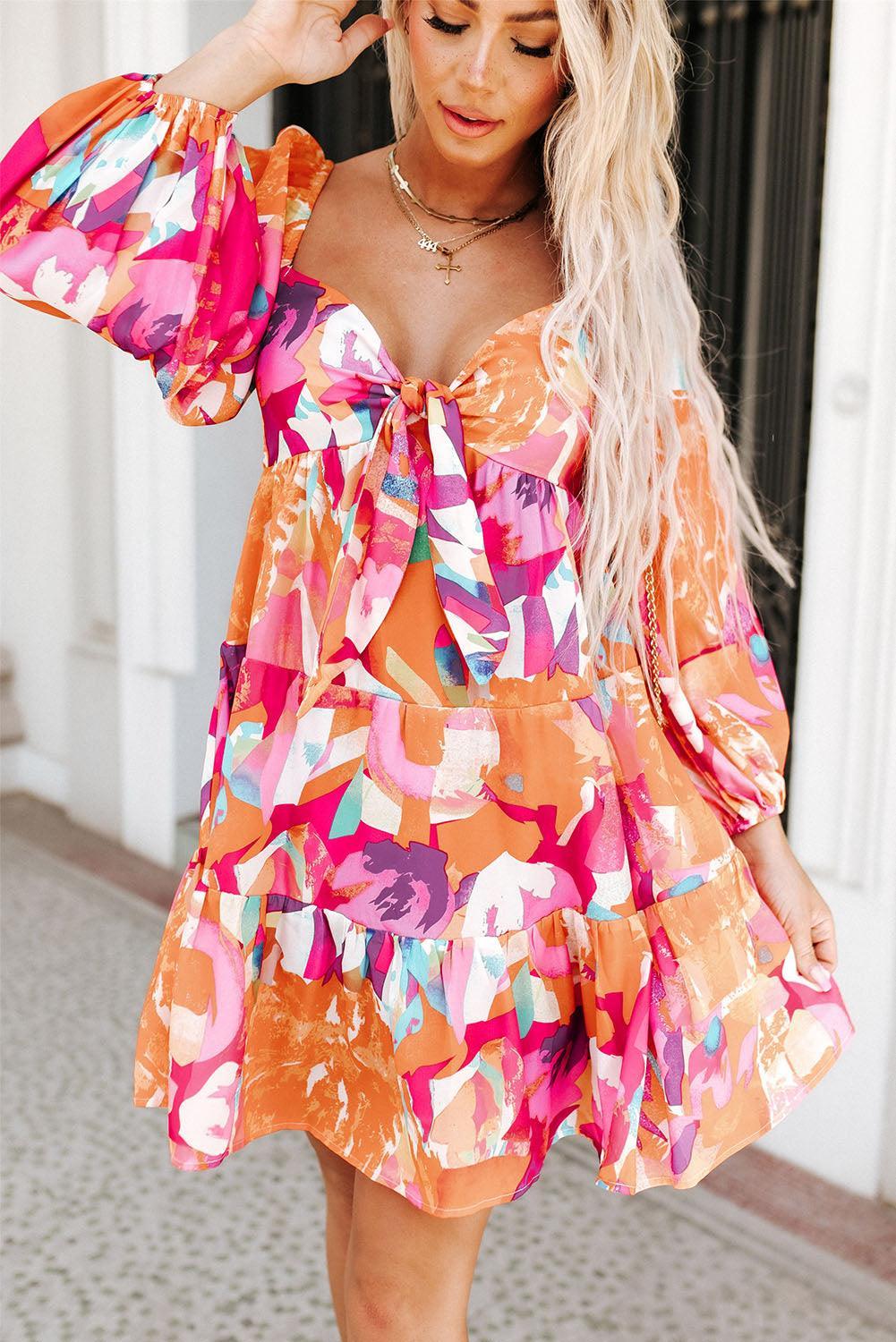 Kleurrijke Jurk met Hartvormige Hals - Mini Dresses - Jurkjes.co