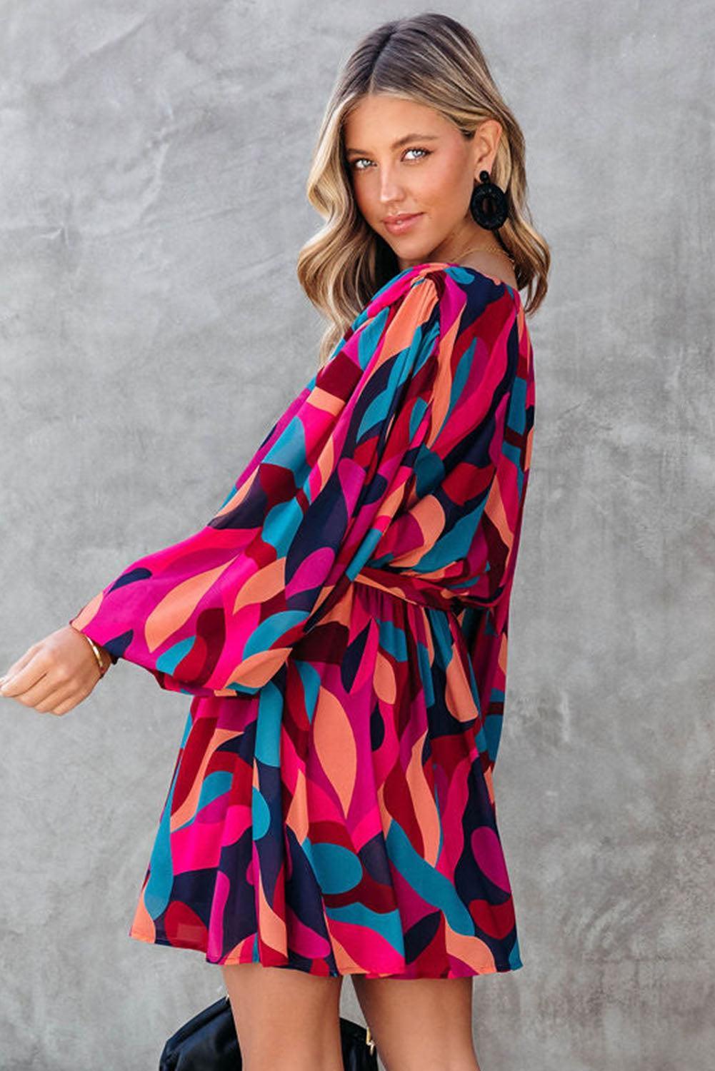 Kleurrijke Mini-Jurk met Riem en Pofmouwen - Mini Dresses - Jurkjes.co