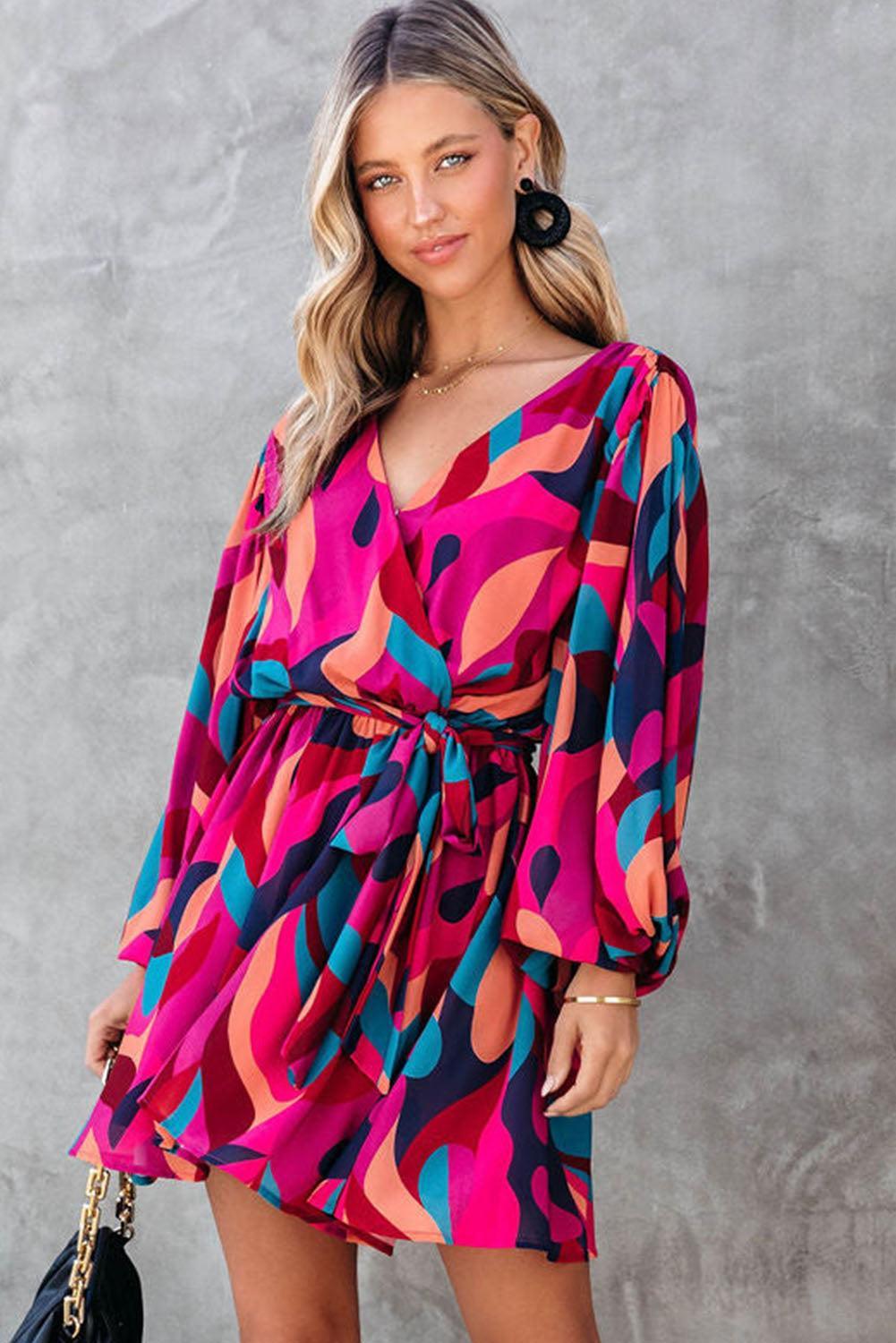 Kleurrijke Mini-Jurk met Riem en Pofmouwen - Mini Dresses - Jurkjes.co
