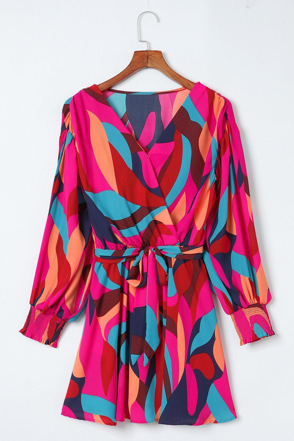 Kleurrijke Mini-Jurk met Riem en Pofmouwen - Mini Dresses - Jurkjes.co