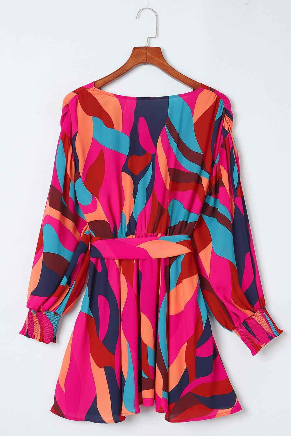 Kleurrijke Mini-Jurk met Riem en Pofmouwen - Mini Dresses - Jurkjes.co
