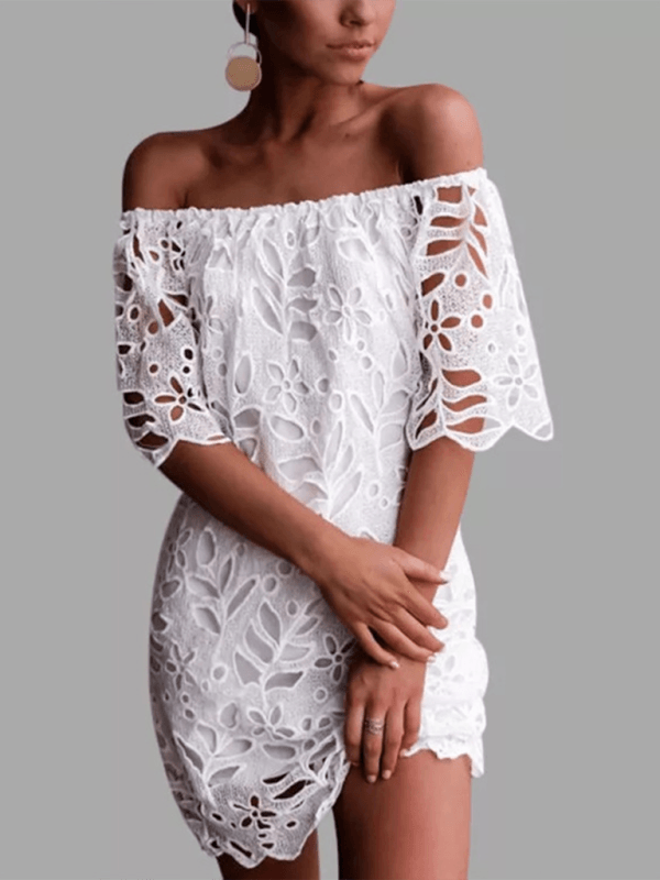 Knielange Jurk met Off-Shoulder en Bloemen - Mini Dresses - Jurkjes.co