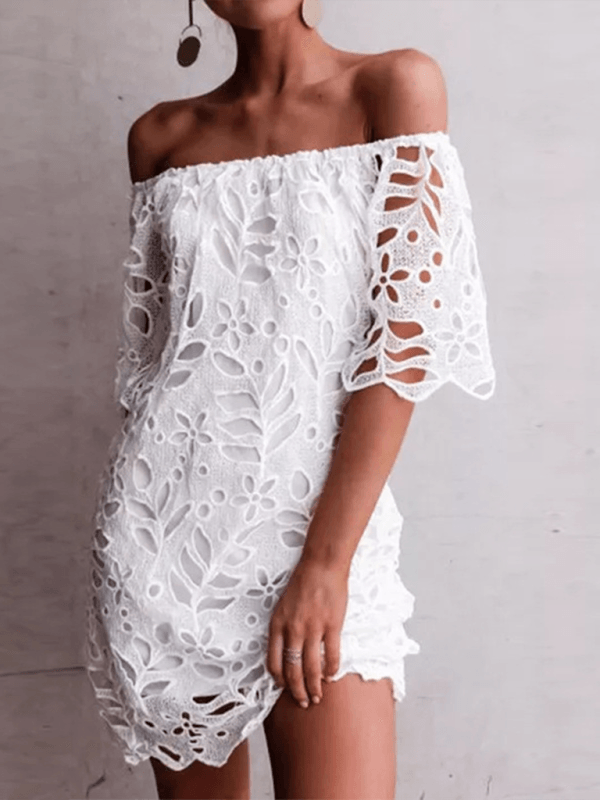 Knielange Jurk met Off-Shoulder en Bloemen - Mini Dresses - Jurkjes.co