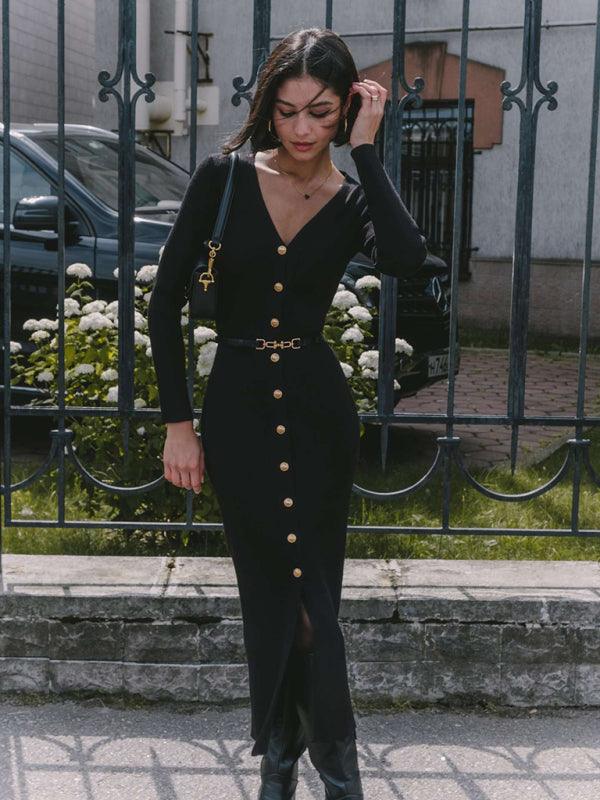 Knitted Jurk met V-hals en Knopsluiting - Maxi Dresses - Jurkjes.co