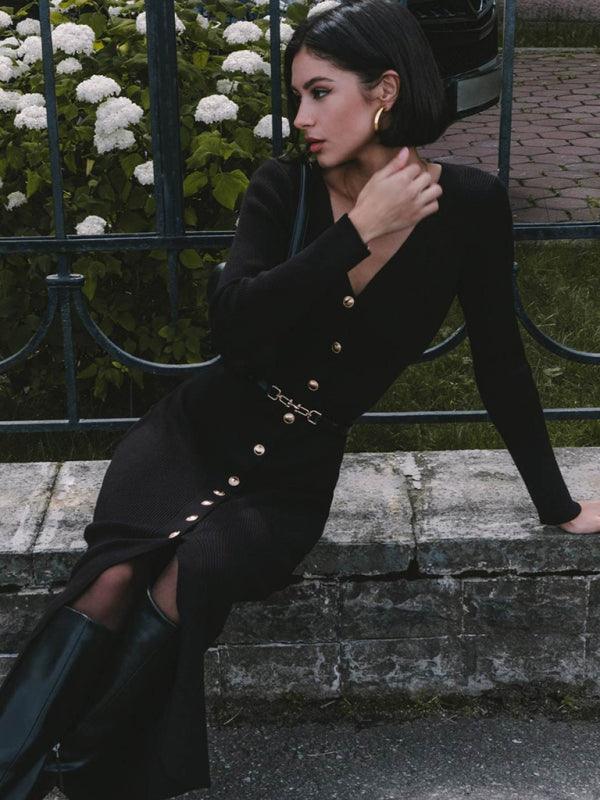 Knitted Jurk met V-hals en Knopsluiting - Maxi Dresses - Jurkjes.co