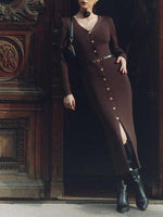 Knitted Jurk met V-hals en Knopsluiting - Maxi Dresses - Jurkjes.co