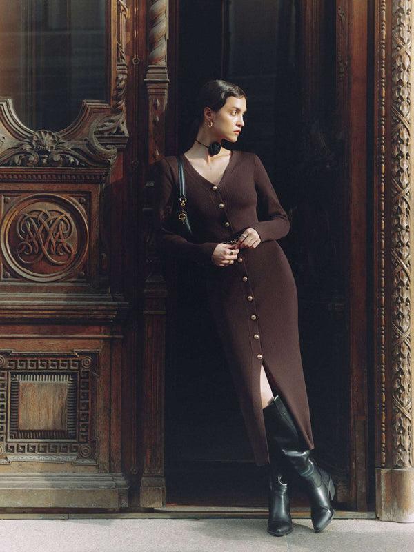 Knitted Jurk met V-hals en Knopsluiting - Maxi Dresses - Jurkjes.co