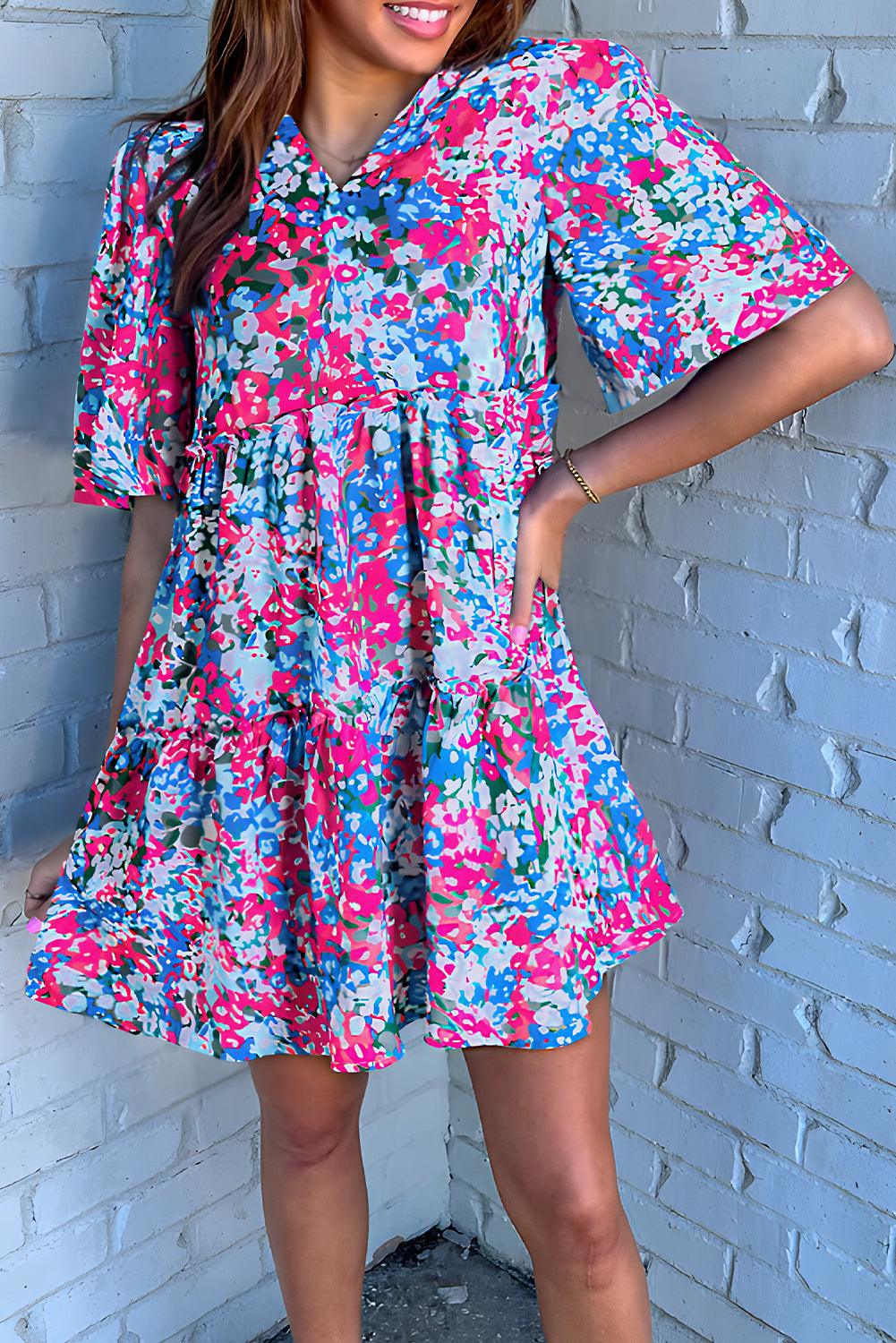 Korte Mouw V-Hals Gelaagde Mini Jurk - Floral Dresses - Jurkjes.co