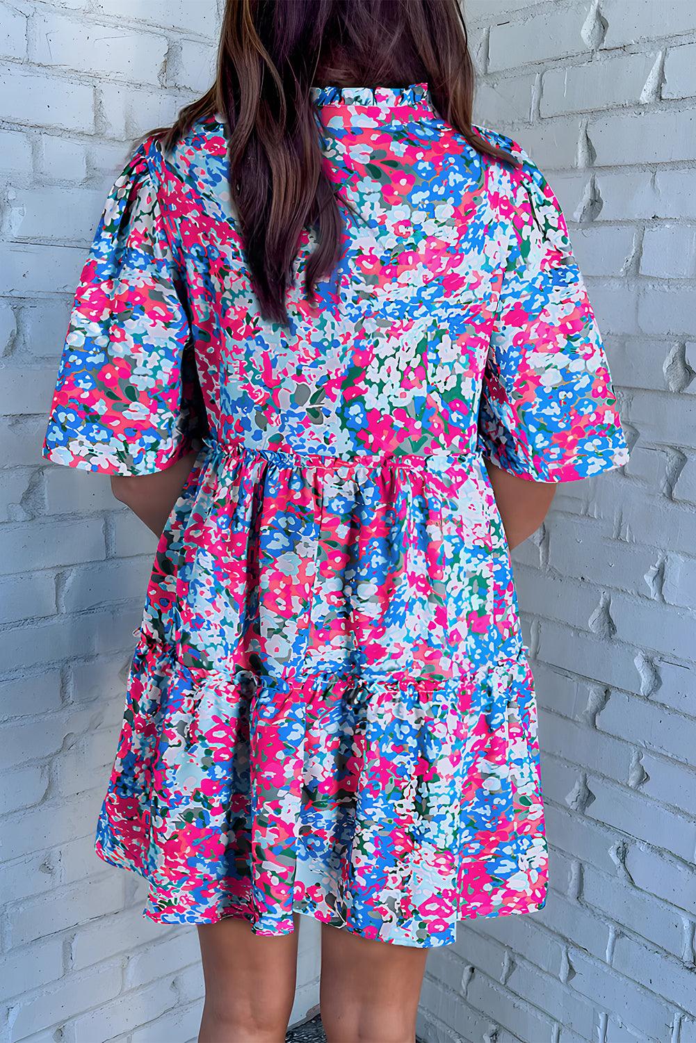 Korte Mouw V-Hals Gelaagde Mini Jurk - Floral Dresses - Jurkjes.co