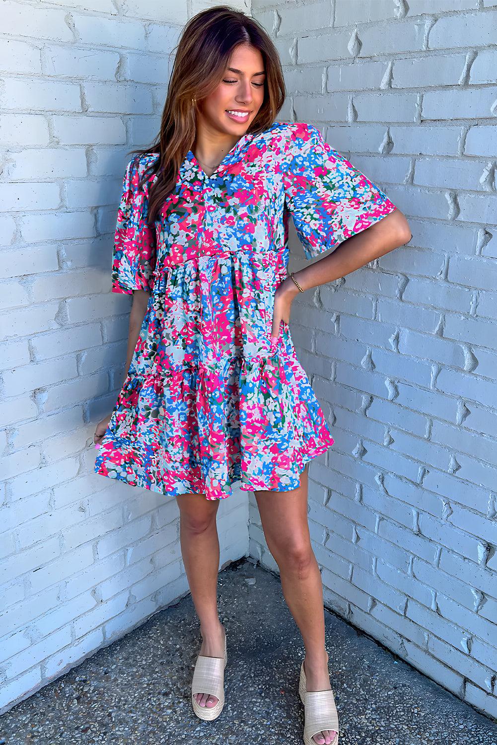 Korte Mouw V-Hals Gelaagde Mini Jurk - Floral Dresses - Jurkjes.co