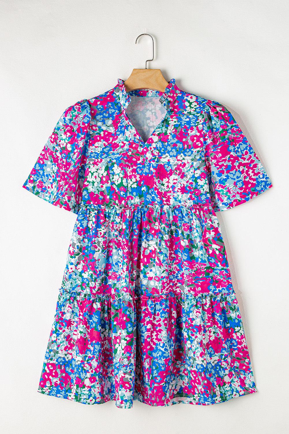 Korte Mouw V-Hals Gelaagde Mini Jurk - Floral Dresses - Jurkjes.co
