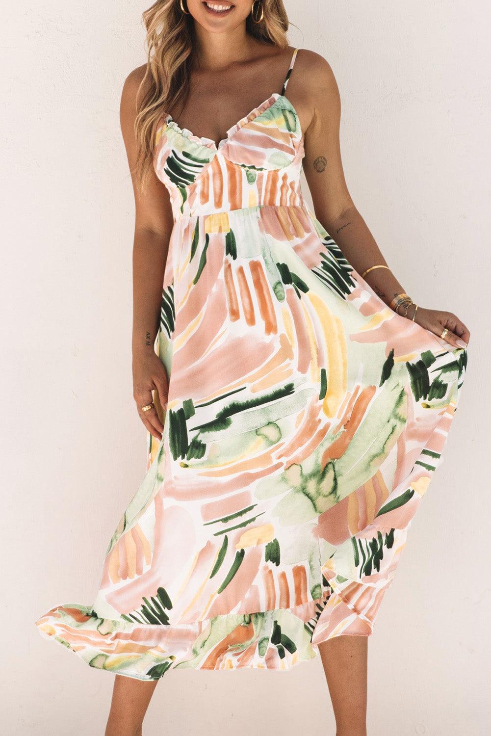 Lange Graffiti Jurk met Spaghetti Bandjes - Floral Dresses - Jurkjes.co