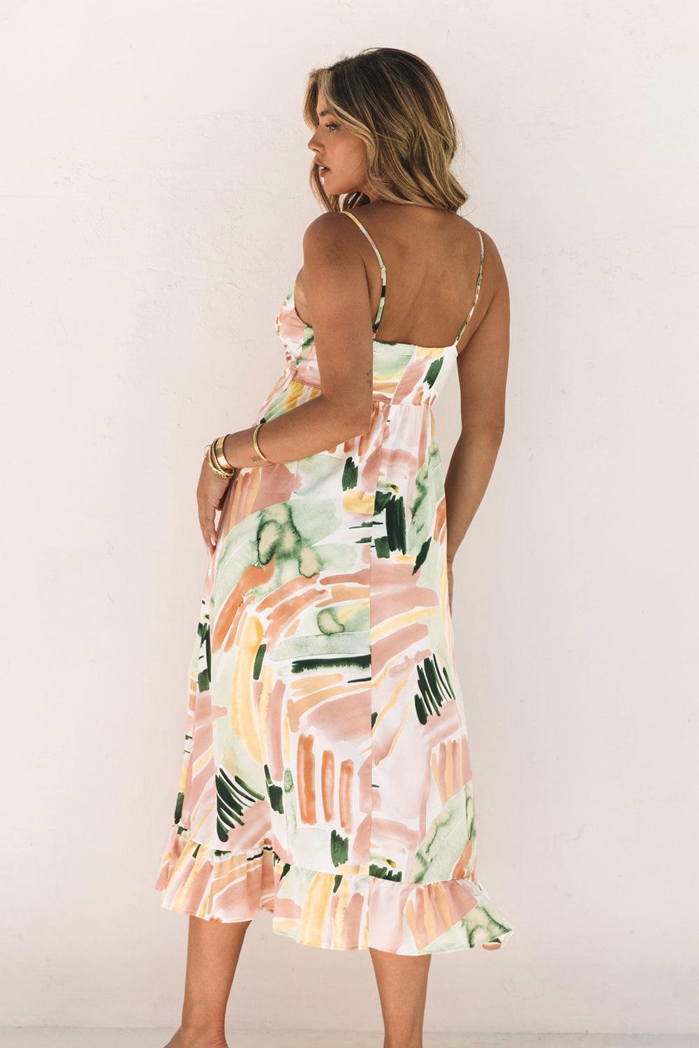 Lange Graffiti Jurk met Spaghetti Bandjes - Floral Dresses - Jurkjes.co