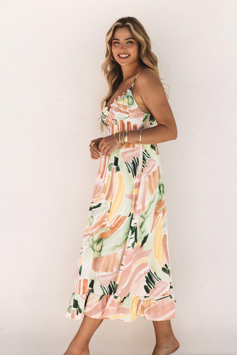Lange Graffiti Jurk met Spaghetti Bandjes - Floral Dresses - Jurkjes.co