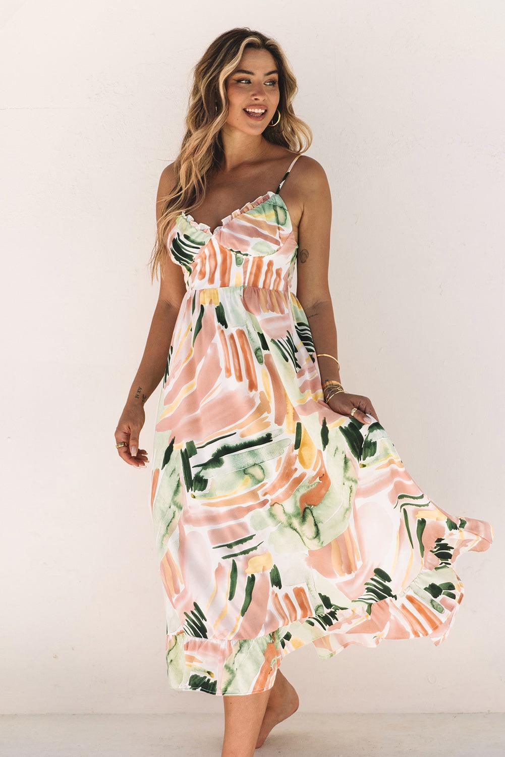 Lange Graffiti Jurk met Spaghetti Bandjes - Floral Dresses - Jurkjes.co