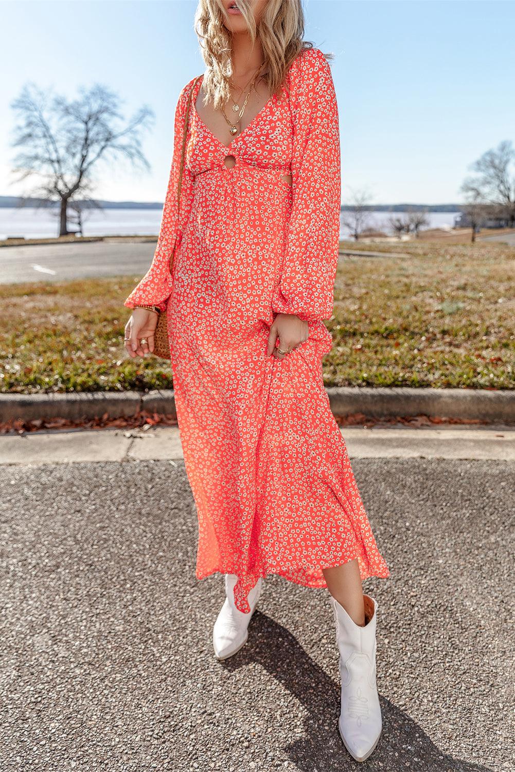 Lange Jurk met Bloemenprint en V-hals - Floral Dresses - Jurkjes.co