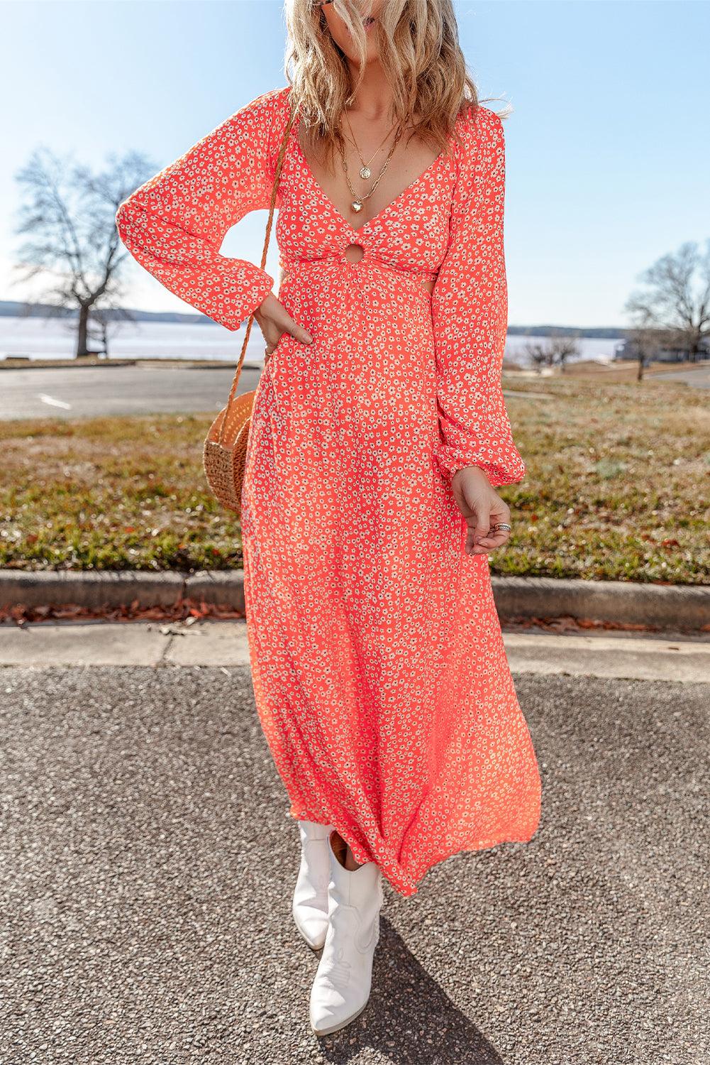 Lange Jurk met Bloemenprint en V-hals - Floral Dresses - Jurkjes.co