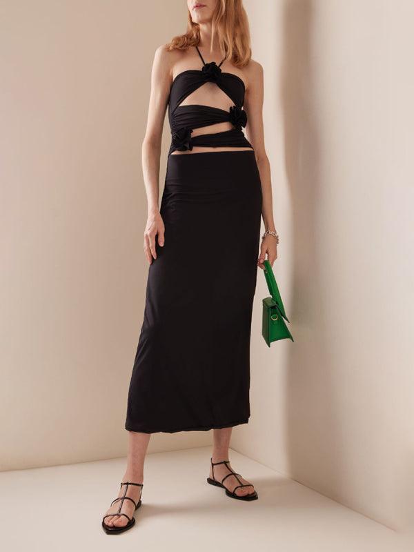 Lange Jurk met Halterhals en Bloemdecoraties - Group4 - Jurkjes.co