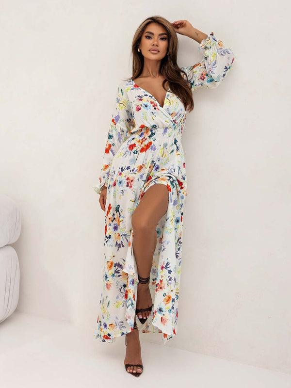 Lange Jurk met V-hals en Bloemenprint - Maxi Dresses - Jurkjes.co